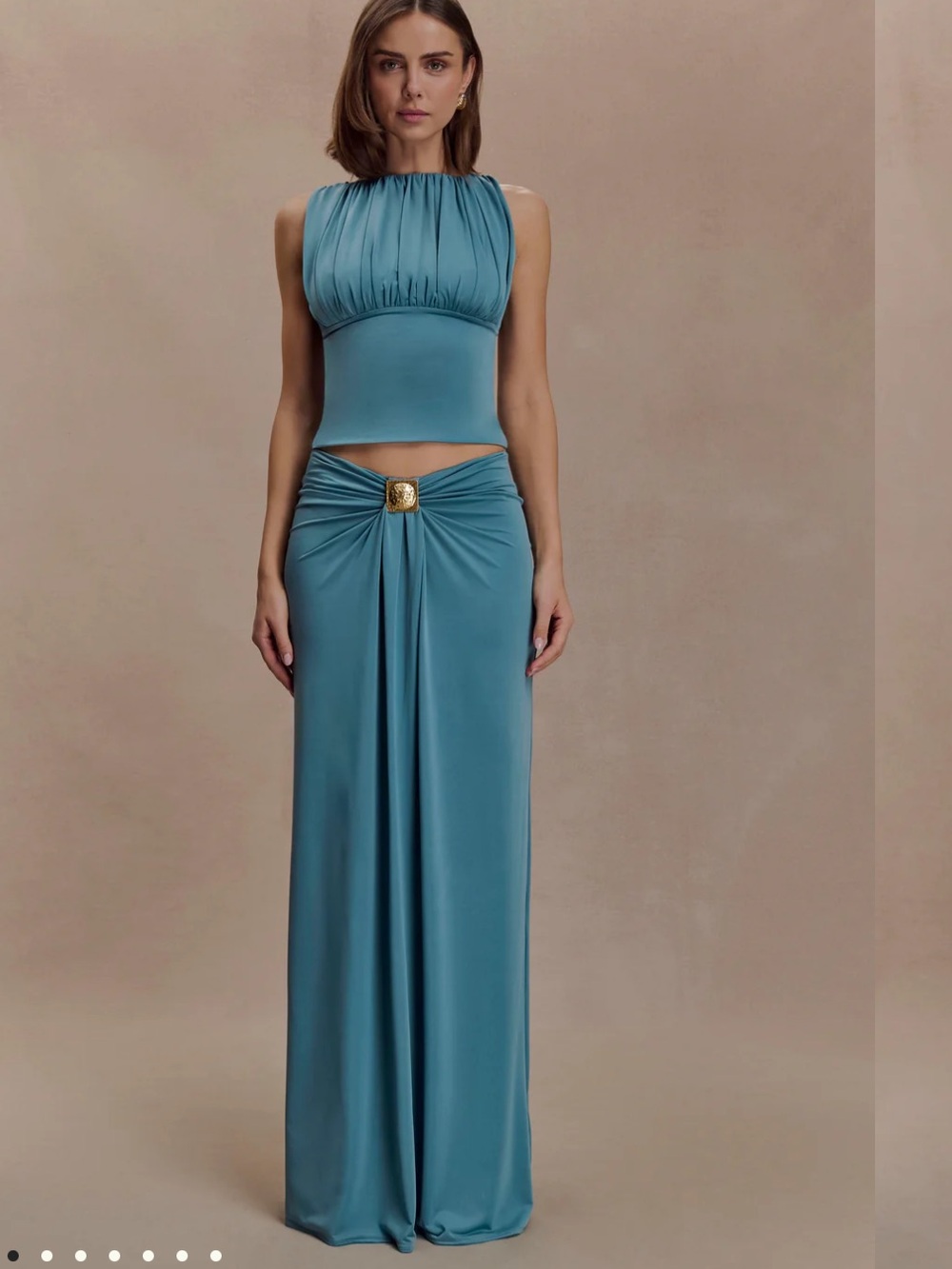 Meshki Slinky Ruched Maxi Skirt With Hardware - Teal